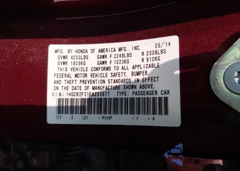 2014 Honda Accord Lx z USA, uszkodzony, nr VIN 1HGCR2F31EA233677